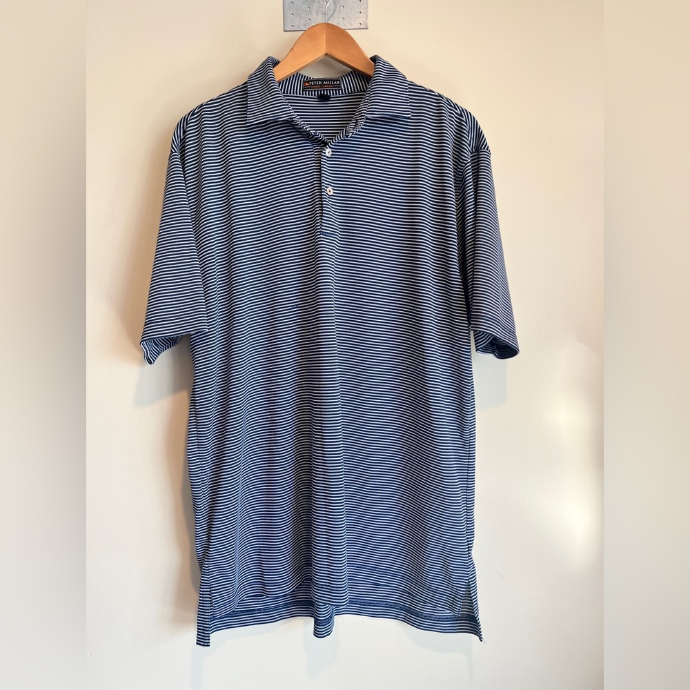 Peter Millar Summer Comfort Golf Striped Blue White Polo Shirt Mens Size Large
